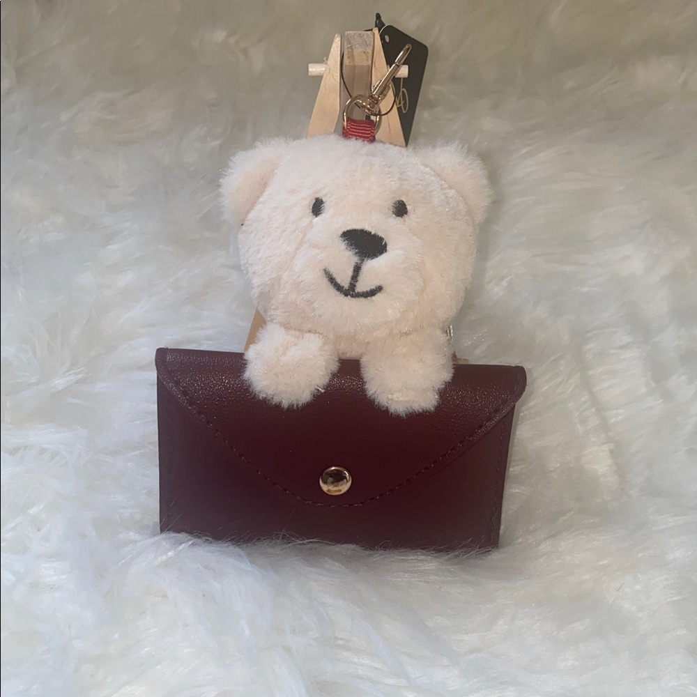 Ivory Plush Bear Keychain with Burgundy Faux Leather Pouch Bag Card Holder Charm